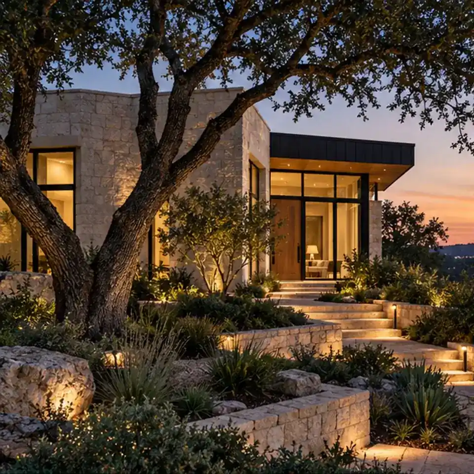AI-generated conceptual limestone home at dusk; not a verified Austin listing