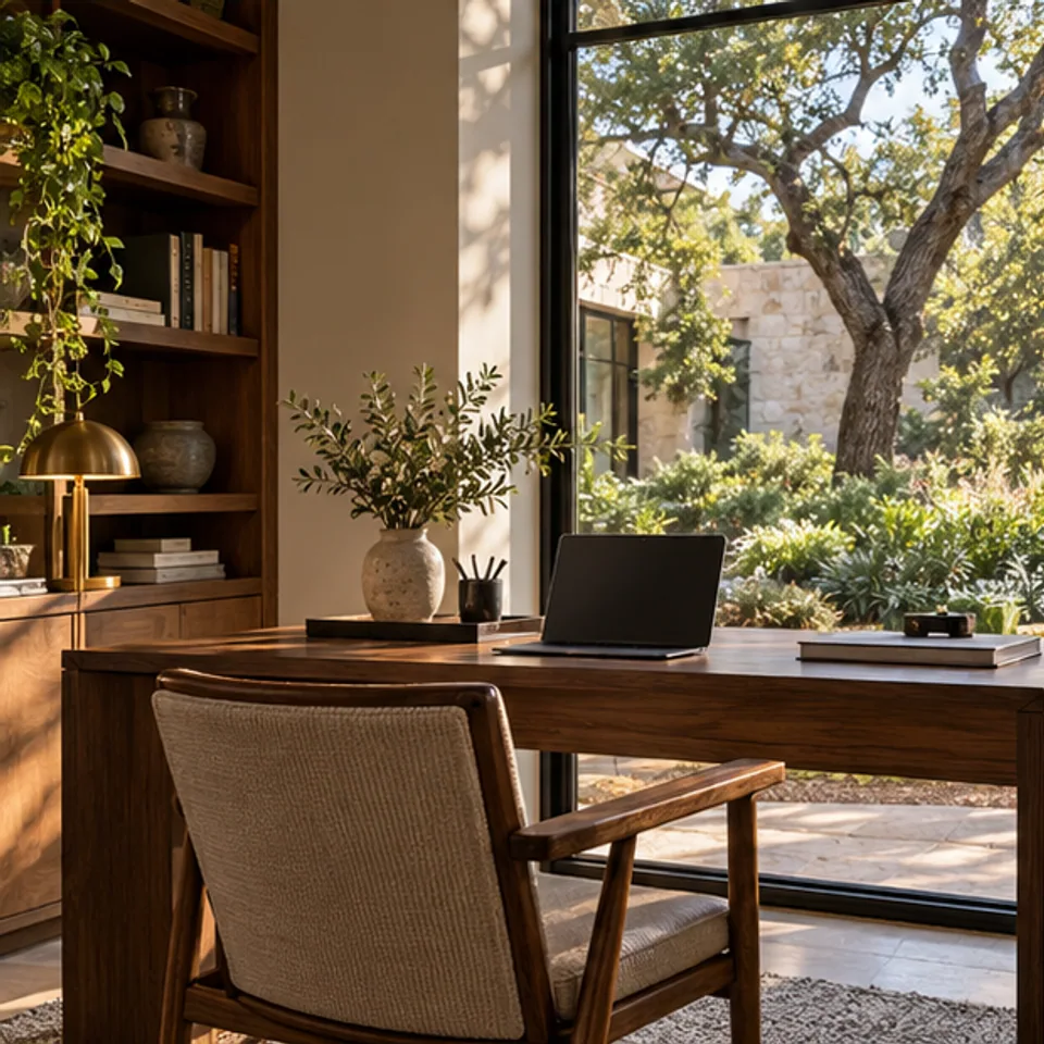 Conceptual architectural image: quiet home office beside a garden.