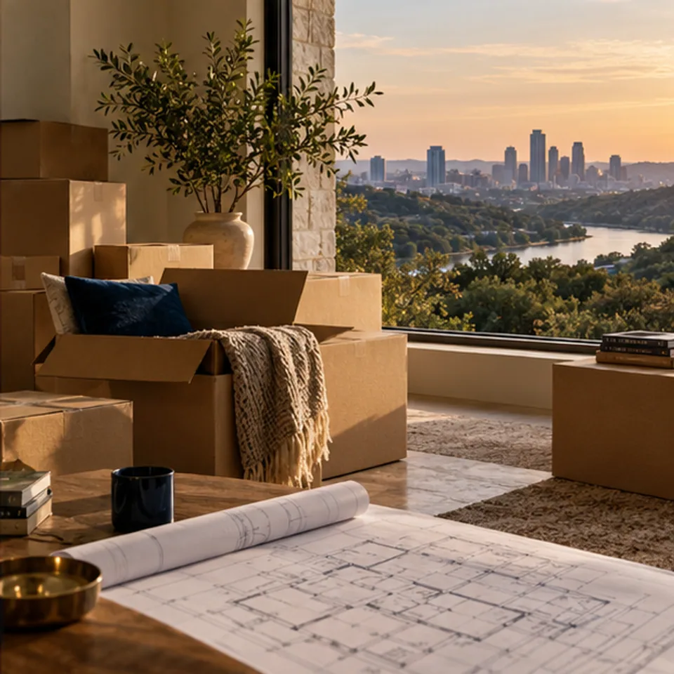 AI-generated conceptual Austin relocation scene with moving boxes and plans