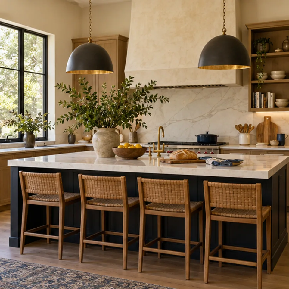 Conceptual architectural image: warm contemporary kitchen.