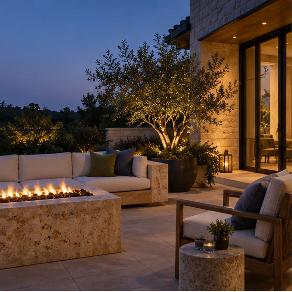 Conceptual architectural image: hill country-inspired terrace at dusk.