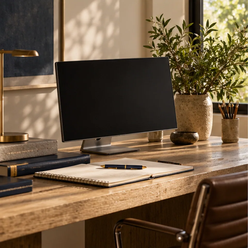 Conceptual architectural image: focused work desk and garden light.