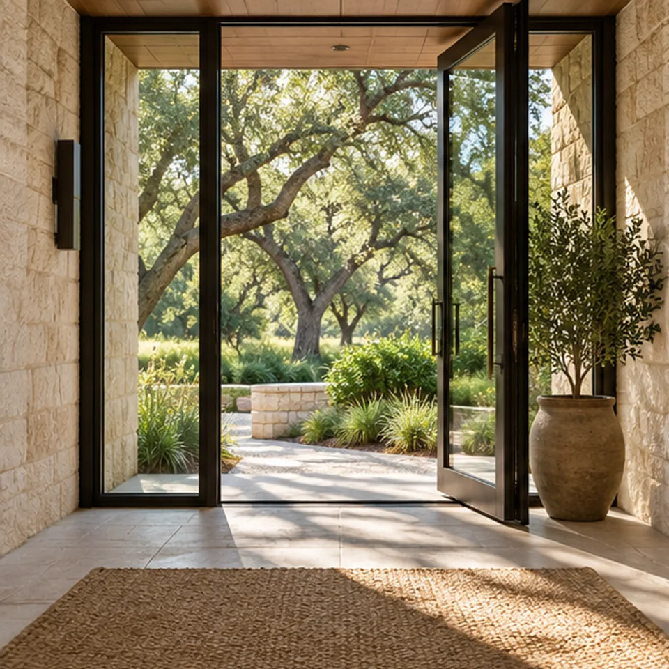 Conceptual architectural image: modern entry framed by oak.