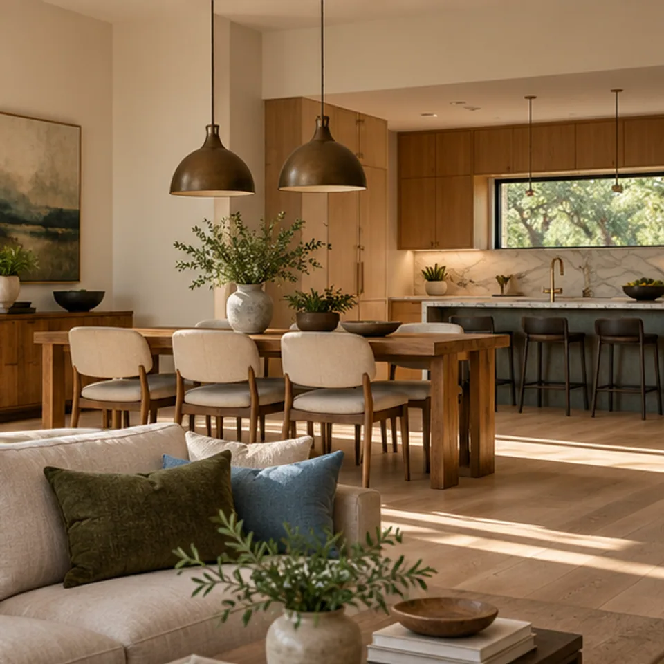 Conceptual architectural image: warm dining and kitchen scene.