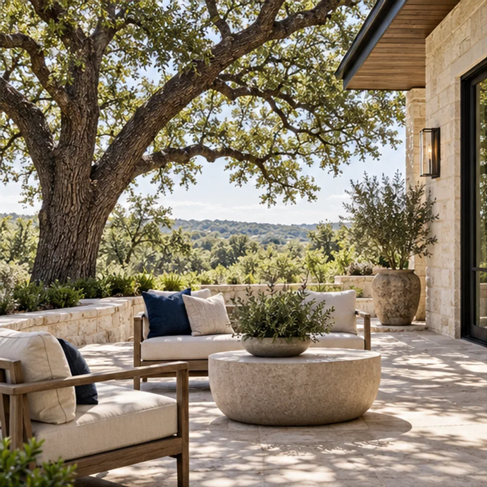 Conceptual architectural image: limestone patio under mature oak.