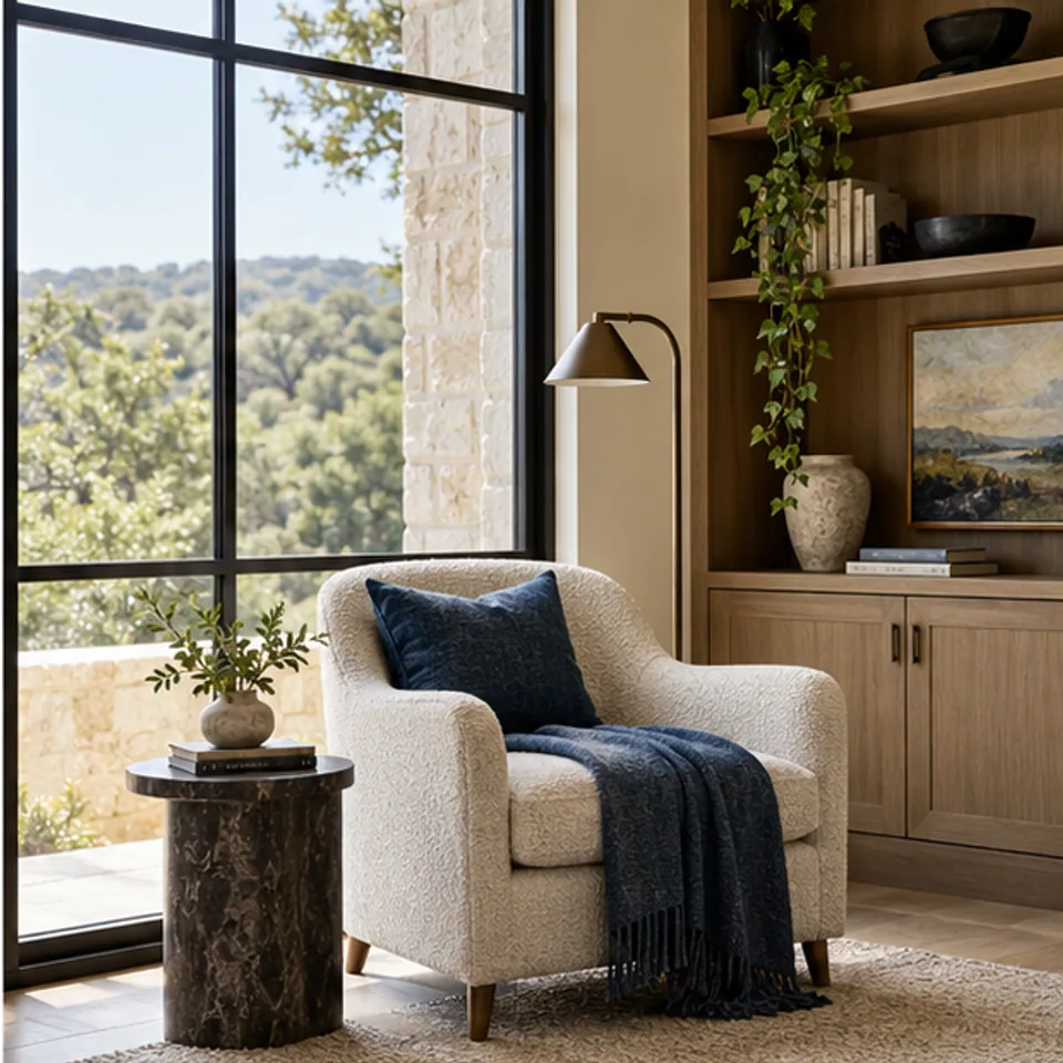 Conceptual architectural image: reading chair beside a window.